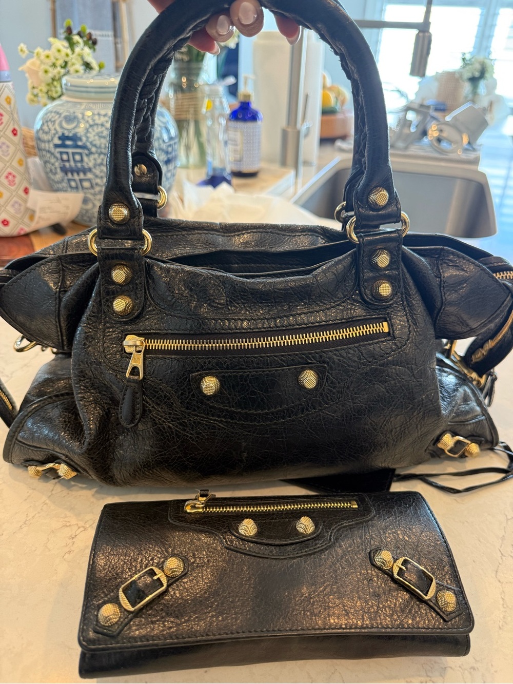 Balenciaga the City Leather Shoulder Bag.  Gold Hardware with matching wallet